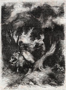 Flucht von Angelica während der Schlacht - Gravur von 1851 aus „Furioser Roland“ (Orlando furioso) (16. Jahrhundert) von Ludovico Ariosto, bekannt als der Ariosta - Ausgabe, übersetzt aus dem Italienischen von Graf von Tressan und veröffentlicht von Gustav