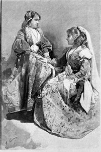 Folklore: Frauen in traditionellen Hochzeitskostümen, Sizilien. Gravur des 19. Jahrhunderts