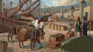 Ehemalige Einkaufszentren: Transport von Feigen nach Marseille im Mittelalter. Chromolithographie des späten 19. Jahrhunderts.