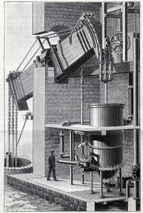 Ehemalige Dampfmaschine von Thomas Newcomen, derzeit in der Nähe von Bristol in England in Betrieb. Gravur in „La Nature“ von Unknown artist