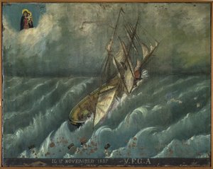 Ehemaliges Votivbild (ex voto) eines Seemanns, beliebtes Opfer als Zeichen der Hingabe und Dankbarkeit des Seemanns, der die Gefahren des Meeres überlebt hat, aus der Kirche von Carmine, Torre del Greco, in der Nähe von Neapel von Unknown artist