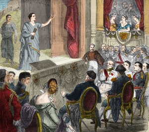 Francois-Joseph (Francois Joseph) Talma (1763 - 1826), französischer Komödiant, spielt „Der Tod des Cäsar“, Tragödie in drei Akten von Voltaire in Erfurt vor einem Parterre von Königen, darunter Napoleon I. und Alexander I., Zar von Russland (1777-1825). G