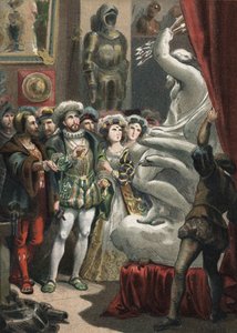 Franz I. (1494-1547), König von Frankreich, beim italienischen Bildhauer Benvenuto Cellini (1500-1571). Gravur von 1881 in „El Culto de la Hermosura“ von Juan Justo Huguet, Molinas Hermanos editores von Unknown artist