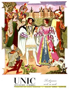 Franz I. und sein Hof vor dem Schloss Chambord. Werbung für Unic, Herrenschuhe von Unknown Artist