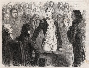 Französische Revolution: General Gilbert du Motier de La Fayette (1757-1834) tritt vom Kommando der Nationalgarde zurück - Gravur in „Le Monde Illustré“ von Unknown artist