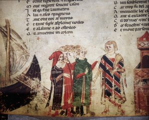 Französischer Kaufmann in Venedig. Miniatur aus dem „Roman de Troy“ von Benoit de Saint Maure. 14. Jahrhundert Biblioteca Marciana, Venedig