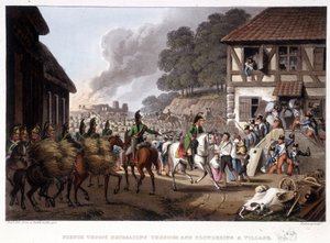 Französische Truppen auf dem Rückzug und Plünderung eines Dorfes - in „Historische, Militärische und Marine-Anekdoten...“ von Edward Orne.