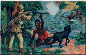 Freitags Befreiung. Illustration für das Buch von Daniel Defoe „Robinson Crusoe“. Chromolithographie aus dem späten 19. Jahrhundert