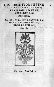 Frontispiz von „Historie Fiorentine di Niccolo (di Bernardo dei) Machiavelli (Nicolas Machiavelli)