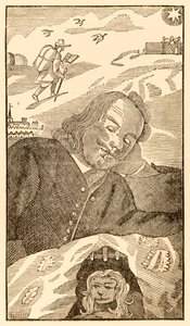 Frontispiz aus The Pilgrims Progress From This World, To That Which Is To Come von John Bunyan (1628-1688), zeigt den Autor, der von dem Pilger Christian träumt, der mit dem Wissen um seine Sünde belastet ist von Unknown