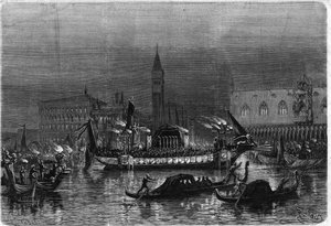 Beerdigung von Daniele Manin (1804-1857), der am Risorgimento teilnahm, in Venedig: die Leichengondel, die die Asche zur Kirche St. Zacharias trägt, fährt am Königspalast vorbei. Gravur in „Das Illustrierte Universum“.
