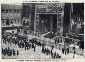 Beerdigung von Sadi Carnot (1837-1894), ehemaliger französischer Präsident, im Pantheon in Paris. Ankunft des Leichenwagens. Gravur in „Le Parisien“ von Unknown artist
