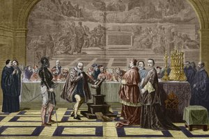 Galileo Galilei vor der Inquisition des Heiligen Offiziums im Vatikan (1632). Gravur nach dem Gemälde von Robert-Fleury Joseph Nicolas (1797-1890).