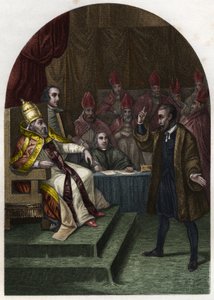 Galileo Galilei (1564-1642) vor Papst Urban VIII. im Jahr 1633. Gravur von 1842 in „Histoire des papes“ von Maurice Lachatre. Private Sammlung von Unknown artist