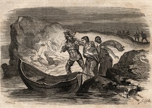 Gallische Kriege, 58-51 v. Chr. Römischer Sieg über die germanischen Stämme unter Ariovistus - Ariovistus gezwungen, den Rhein zu überqueren - Gravur in „Dictionnaire populaire illustré“ - 1864 - von Joseph Decembre und Edmond Allonier von Unknown artist