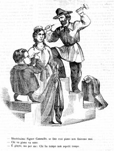 Garibaldi: Herr Camillo (Cavour), wenn Sie so langsam gehen, werden wir nie fertig. Cavour: Wer langsam geht, geht weit. Garibaldi: Das stimmt, aber wer Zeit hat, wartet nicht auf die Zeit. Satirische Gravur von Il Fischietto