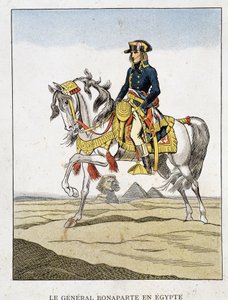 General Bonaparte in Ägypten, ein Porträt vor den Pyramiden und der Sphinx reitend. von Unknown artist