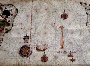 Geographie: Detail einer Navigationskarte von Luis Lazare, die die Inseln des Tristan da Cunha Archipels und die Karavelle des gleichnamigen Entdeckers darstellt