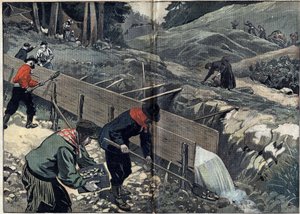 Goldrausch in Alaska: Goldsucher waschen Goldschlamm. Eine Frau sammelt Nuggets, während neue Goldsucher im Lager ankommen. Illustration in „Le Pelerin“ vom 20. Februar. von Unknown artist