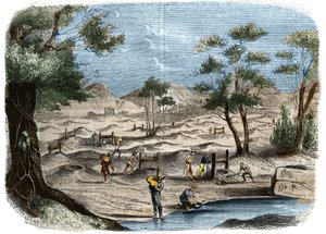 Goldrausch in Australien: Ansicht der Goldsucher in den Goldfeldern der Stadt Bendigo. Gravur von 1856 in „Le Musée Des Sciences“ von Unknown artist