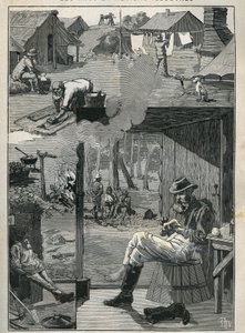 Goldsucher in Australien: Alltagsszenen der Bergleute während ihrer Ruhetage (Reinigung und Trocknung von Wäsche, Socken usw.). Gravur von 1885 in „Les arts et métiers illustrés“ von Adolphe Bitard.