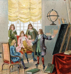 Gottfried Wilhelm Leibniz (1646-1716), deutscher Philosoph und Mathematiker; demonstriert seine Theorien zur Differentialrechnung. Chromolithographie, späte 19. Jahrhundert. von Unknown artist