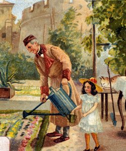 Großvater gärtnert mit seiner kleinen Tochter. Chromolithographie Ende des 19. Jahrhunderts.