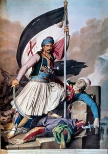 Griechischer Unabhängigkeitskrieg gegen das Osmanische Reich: Die Fahne wird in Salona gehisst (Lithographie, 1821) von Unknown artist