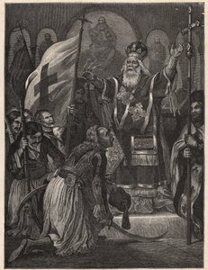 Griechischer Unabhängigkeitskrieg 1821 - 1829: Bischof Germanos III. von Alt-Patras (Georgios Gotzias) segnet die Fahne des Freiheitskampfes, Kloster Agia Lavra, 21. März 1821 - Gravur nach Gemälde