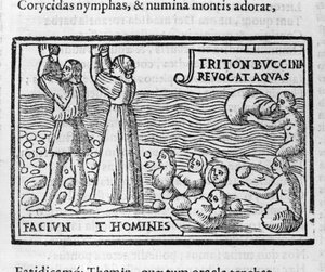 Griechische Mythologie: Deukalion und Pyrrha werfen Steine, die nach der Sintflut Menschen gebären, um die Erde zu bevölkern. Xylographie des 16. Jahrhunderts