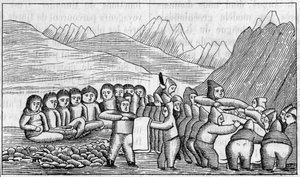 Grönland-Ausstellung in der Geographischen Gesellschaft, Paris: Faksimile einer Grabzeichnung von Eskimos. Gravur in „La Nature: revue des sciences et de leurs applications aux arts et a l