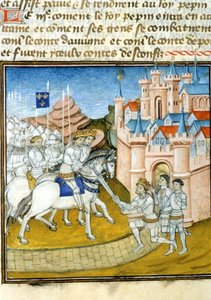 Griffon (Grippon) (ca. 726-753) ging zu seinen Brüdern Pepin III, bekannt als Pepin der Kurze (714-768), und Carloman (ca. 715-754) nach der Belagerung von Laon im Jahr 741. Miniatur in „Grandes Chroniques de Saint-Denis“