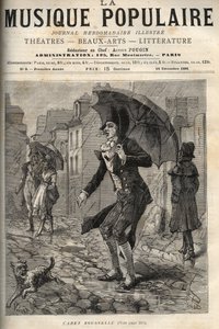 Guillaume Joseph Rousselle, genannt Cadet Rousselle (1743-1807), französischer Gerichtsvollzieher, im Regen in einer Straße von Paris. Gravur in „La musique populaire“ Illustrierte Wochenzeitung - 1881