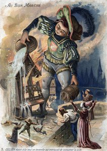 Gullivers Reisen von Jonathan Swift. Gulliver löschte allein ein Feuer, das die Stadt in Lilliput zu vernichten drohte. Chromolithographie des 19. Jahrhunderts