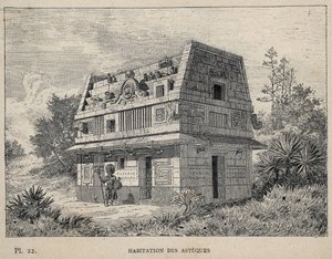 Habitation des Asteques (Azteques) - Gravur von 1889 in „Histoire de habitation humaine“ auf der Weltausstellung von 1889, von Mr. Charles Garnier - Librairie centrale des beaux-arts Paris 1889