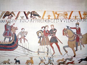 Harold II. (1022 - 1066) landete in der Normandie, wo er von Wilhelm I. dem Eroberer (1027 - 1087) gefangen genommen wurde. Teppich von Bayeux, bekannt als Stickerei der Königin Mathilde