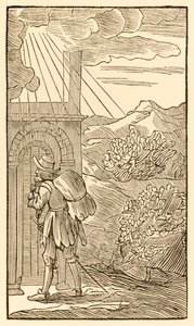 Wer eintreten will, muss zuerst draußen stehen und an die Tür klopfen... aus Der Pilgerreise von dieser Welt in die zukünftige Welt von John Bunyan