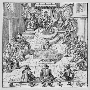 Heinrich III. (1551 - 1589) hält die Generalstände in Blois im Jahr 1576 - in „Sammlung von 39 Figuren, die die Katastrophen Frankreichs von 1562 bis 1586 darstellen“; Louis Perrin Druckerei