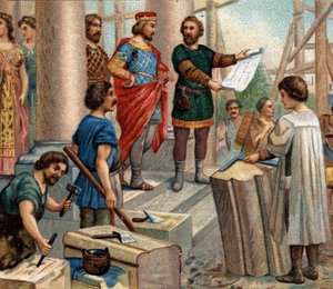 Historische Episoden berühmter Städte: Clovis wählt Paris als ständigen Wohnsitz (im Jahr 508). Chromolithographie des 19. Jahrhunderts von Unknown artist