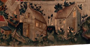 Geschichte von Saint Piat und Saint Eleuthère, Szene 7: Taufe der verbannten Christen. Detail unten. Zwei Häuser.