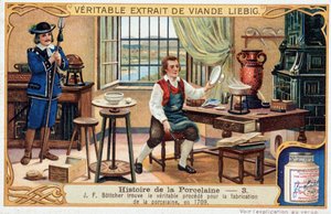 Geschichte des Porzellans: Johann Friedrich Böttger (Böttcher oder Böttiger) (1682-1719) findet 1709 die wahre Methode zur Herstellung von Porzellan - Liebig Chromolithographie