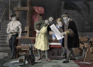 Geschichte des Drucks: erster Test der Bibel, gedruckt von der Presse von Johannes Gensfleisch Gutenberg (1400-1468) dargestellt mit Johann Fust (1400-1466) - 1453 Das erste Probedruckblatt von Gutenbergs Presse
