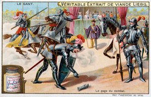 Geschichte des Handschuhs: den Handschuh werfen, Pfand des Kampfes in Ritterturnieren - Liebig Chromolithographie von Unknown artist