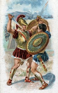 Geschichte des Lebens von Achilles, legendärer Held des Trojanischen Krieges: Achilles kämpft gegen Hector, um den Tod von Patroklos zu rächen. Chromolithographie von 1890.