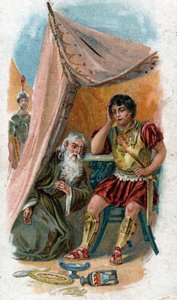 Geschichte des Lebens von Achilles, legendärer Held des Trojanischen Krieges: Der alte weise Nestor überzeugt Patroklos, den Freund von Achilles, an seiner Stelle gegen die Stadt Troja zu kämpfen. Chromolithografie von 1890. von Unknown artist