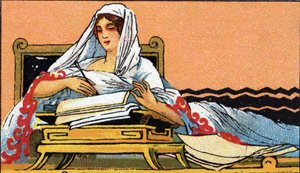 Geschichte des Schreibens: eine junge Frau schreibt in ein Notizbuch auf Latein, Anfang 20. Jahrhundert von Unknown Artist