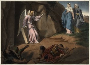 Heilige Frauen besuchen Christus am Grab. Anonyme Gravur des 19. Jahrhunderts. von Unknown artist