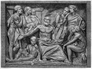 Homer singt mit seiner Lyra in einer Stadt in Ionien. Gravur nach dem Flachrelief von Herrn Hugues, großer Skulpturpreis des Schulwettbewerbs 1875. von Unknown artist