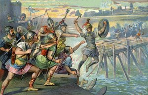 Horatius Cocles (Horatius der Einäugige), legendärer Held, der die einzige Brücke über den Tiber verteidigte, während die junge Römische Republik von den Etruskern unter Lars Porsenna bedroht wurde, 507 v. Chr.