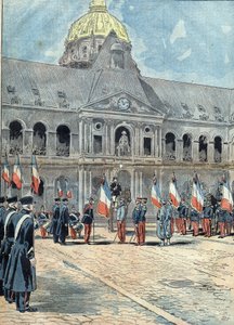 Hotel des Invalides - Paris - 26. Juni 1898: Eine Delegation übergab General Arnoux, dem Gouverneur der Invalides, die Fahne des Regiments von Algerien, die am 30. September 1895 auf dem Palast der Königin von Tananarive wehte. Illustration in „Le Pelerin“